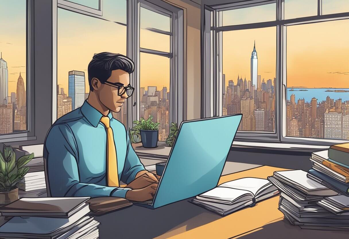 A person studying for a real estate exam with books, notes, and a computer, surrounded by New York City skyline and real estate properties