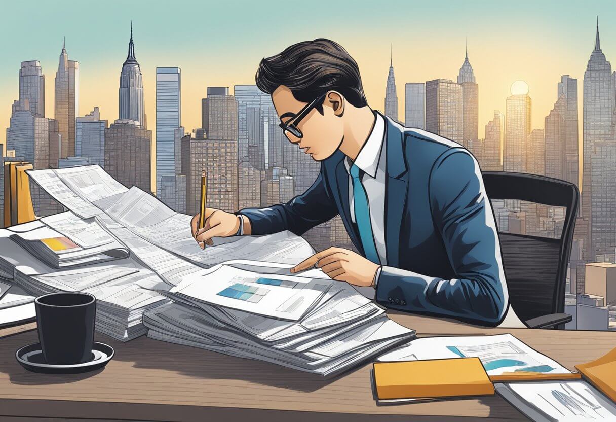 A person studying real estate materials at a desk, with a New York skyline in the background