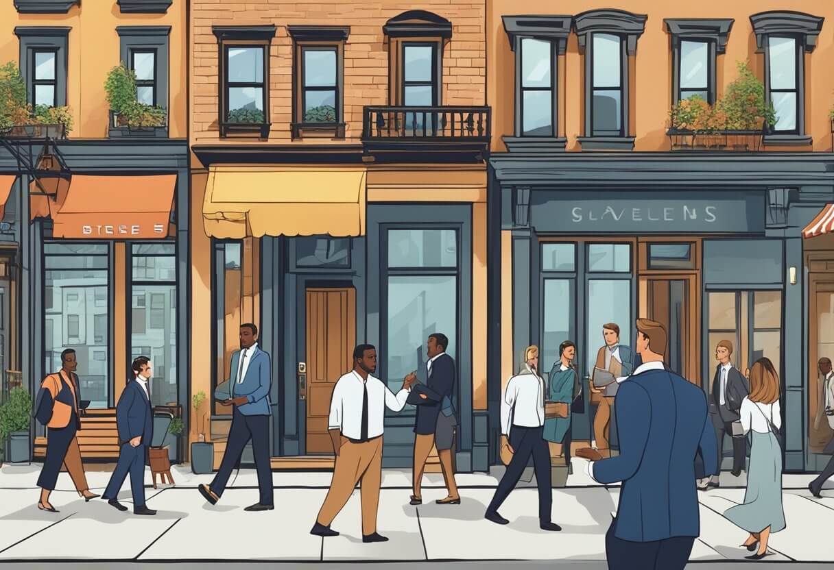 A bustling New York City street with a real estate salesperson showing properties to clients, while a broker oversees multiple deals and negotiations