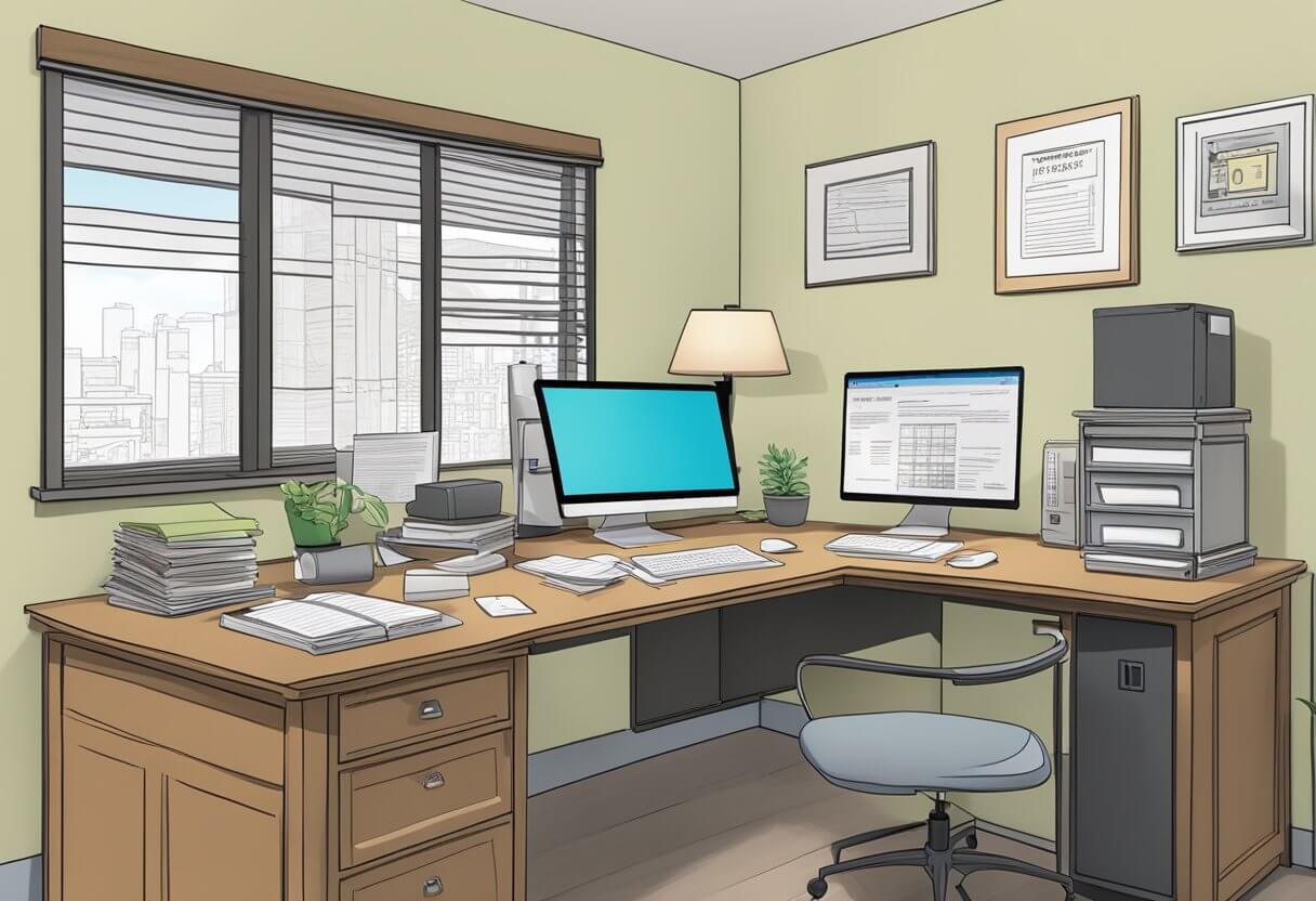 A desk with a computer, paperwork, and a NY state real estate license displayed. A sign on the wall reads "Broker in Training" with a checklist of requirements