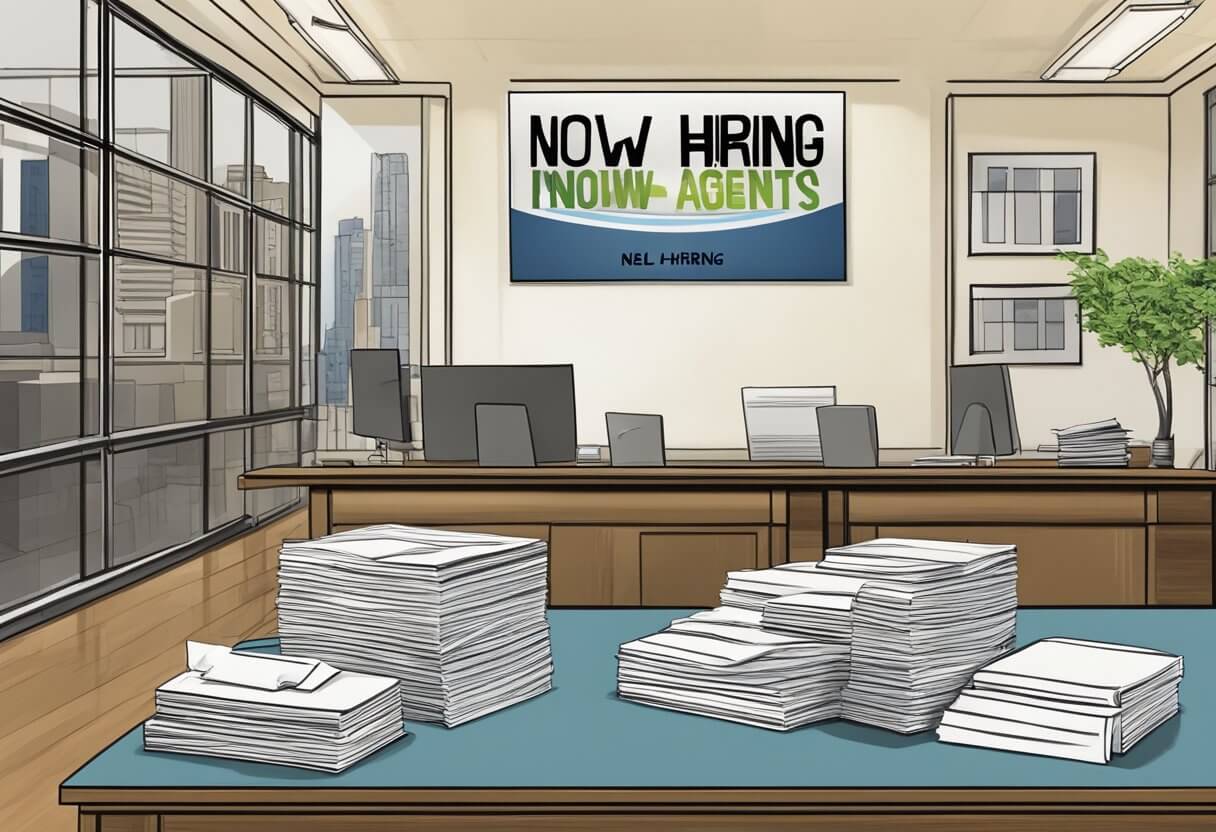 A New York real estate office with a sign reading "Now Hiring Agents" and a stack of brochures on the desk