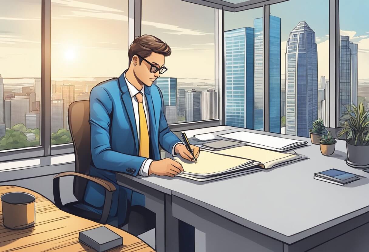 A person signing a real estate contract in a modern office with a skyline view