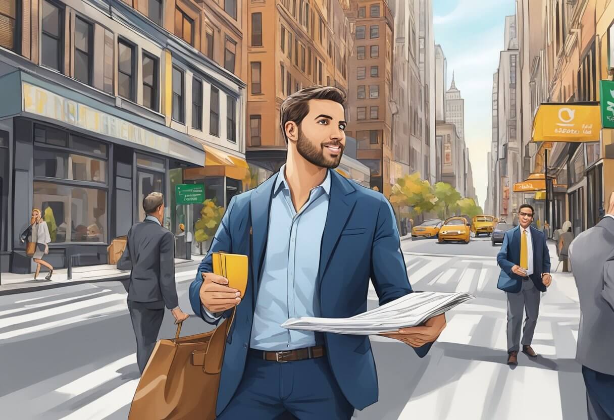 A real estate agent in New York navigates bustling city streets, juggling phone calls and paperwork while scouting properties and meeting with clients