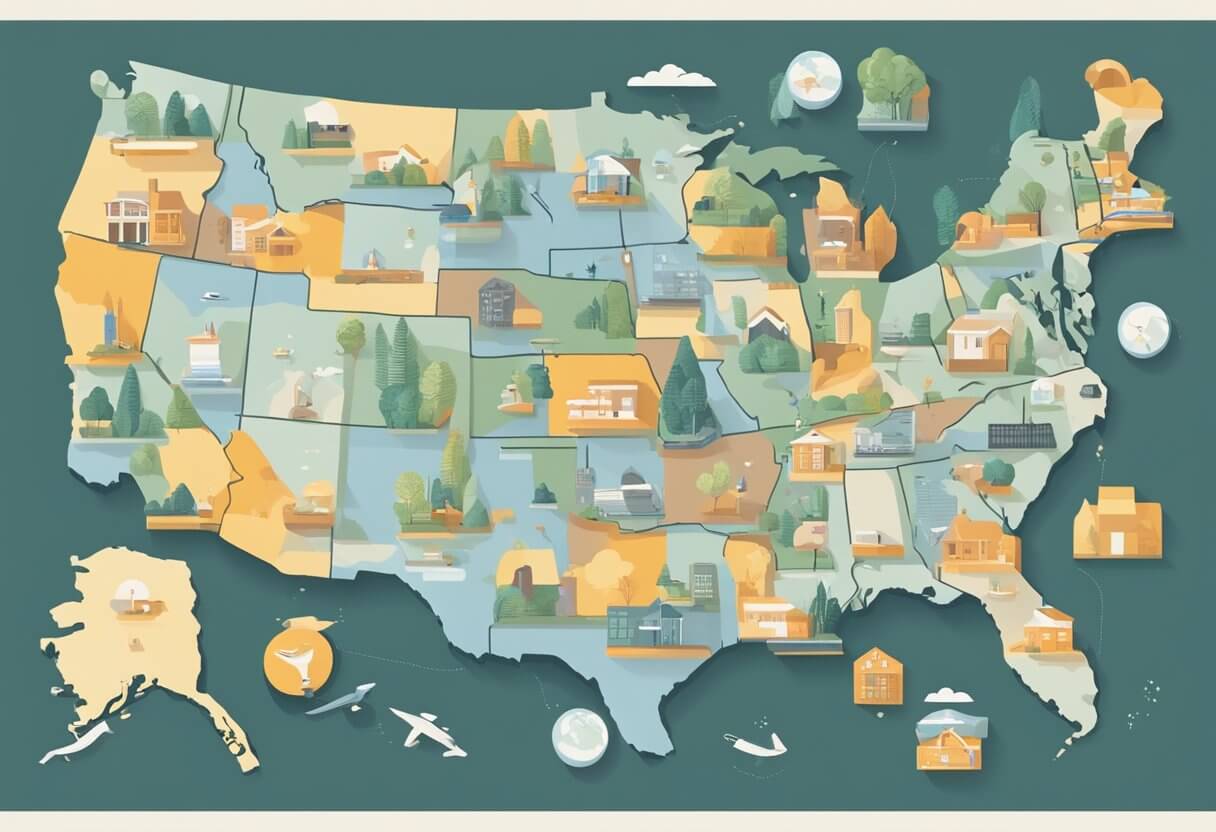 A real estate agent holds licenses in multiple states. Map of US with highlighted states and real estate symbols