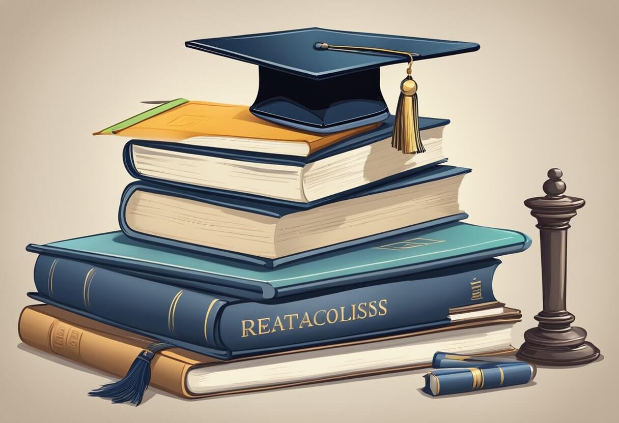 A stack of textbooks and a diploma on a desk, with a real estate license and degree options listed on a chalkboard