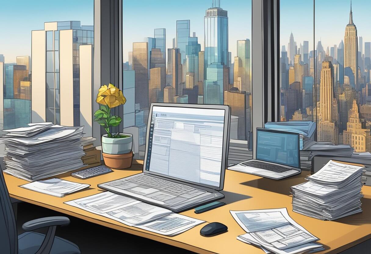 A desk cluttered with tax forms, a computer displaying tax software, and a stack of real estate documents. A New York skyline is visible through the window