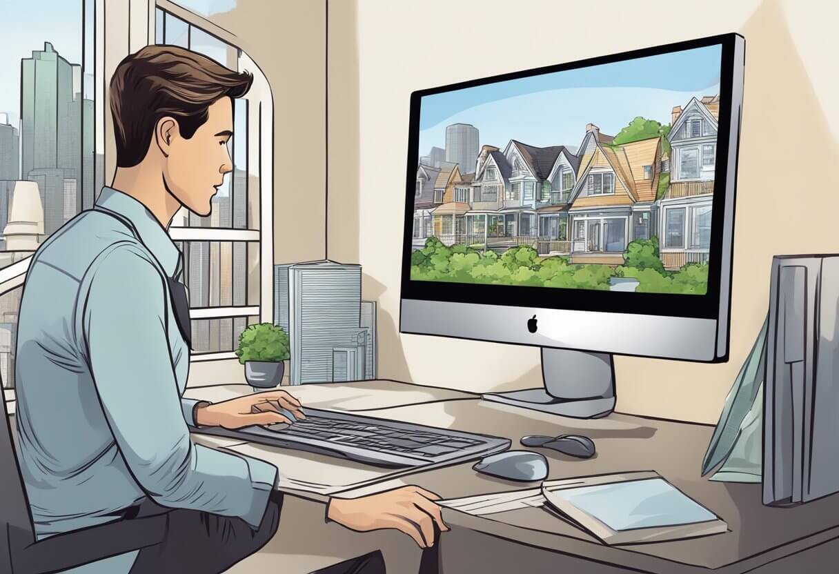 A real estate agent reviewing different specialty options in NY, with images of residential, commercial, and luxury properties on a computer screen