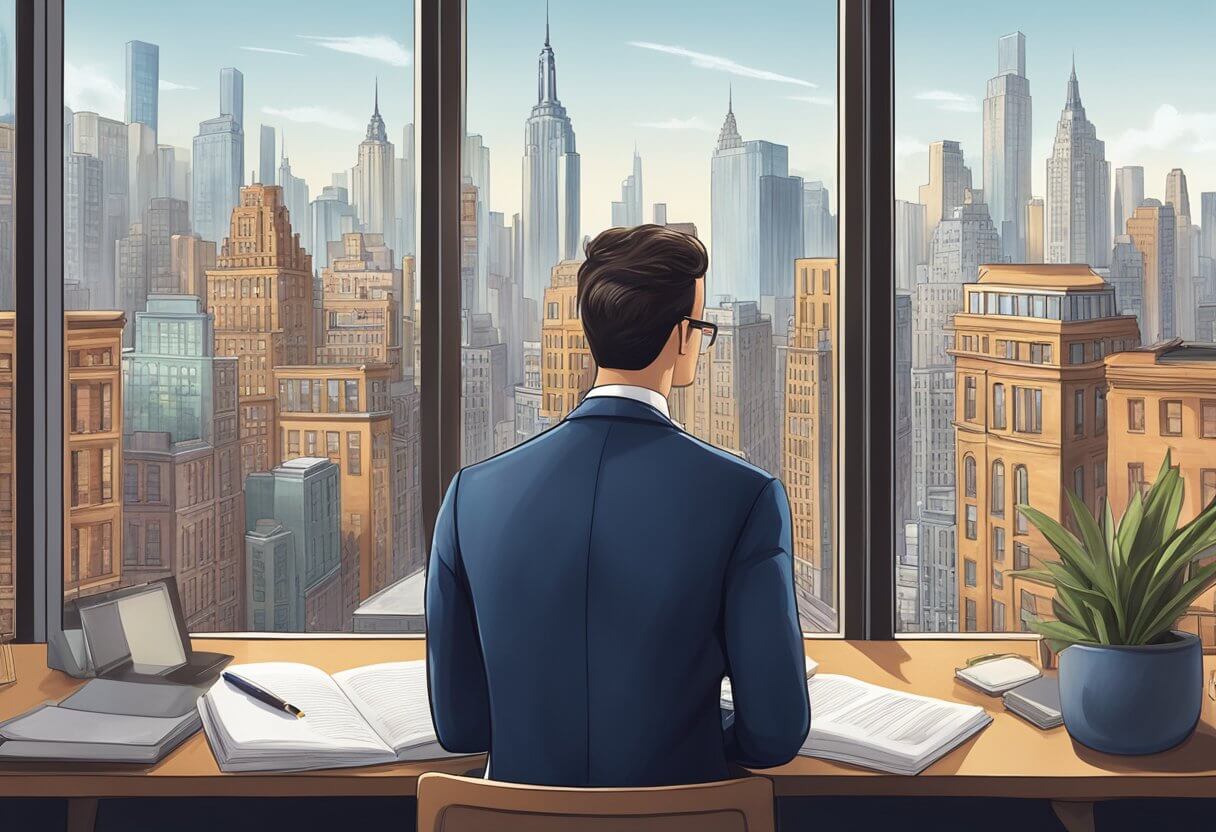 A real estate agent studying a New York cityscape with skyscrapers and iconic landmarks in the background