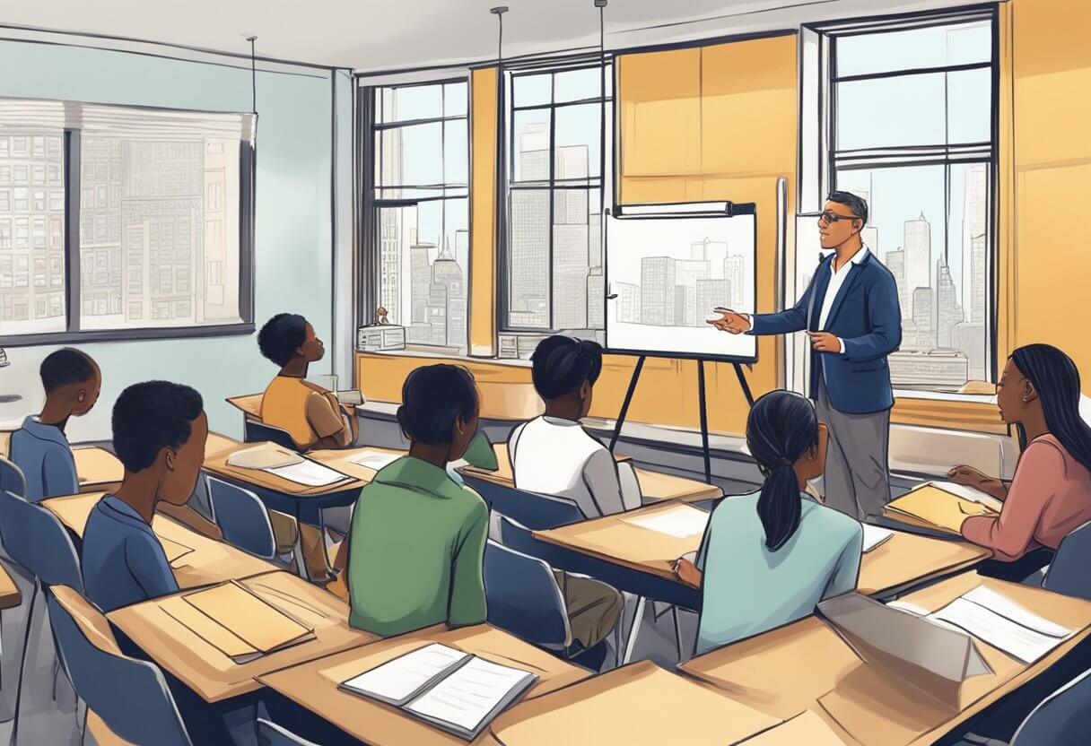 A classroom setting with a real estate instructor teaching a group of students on a weekend in New York City