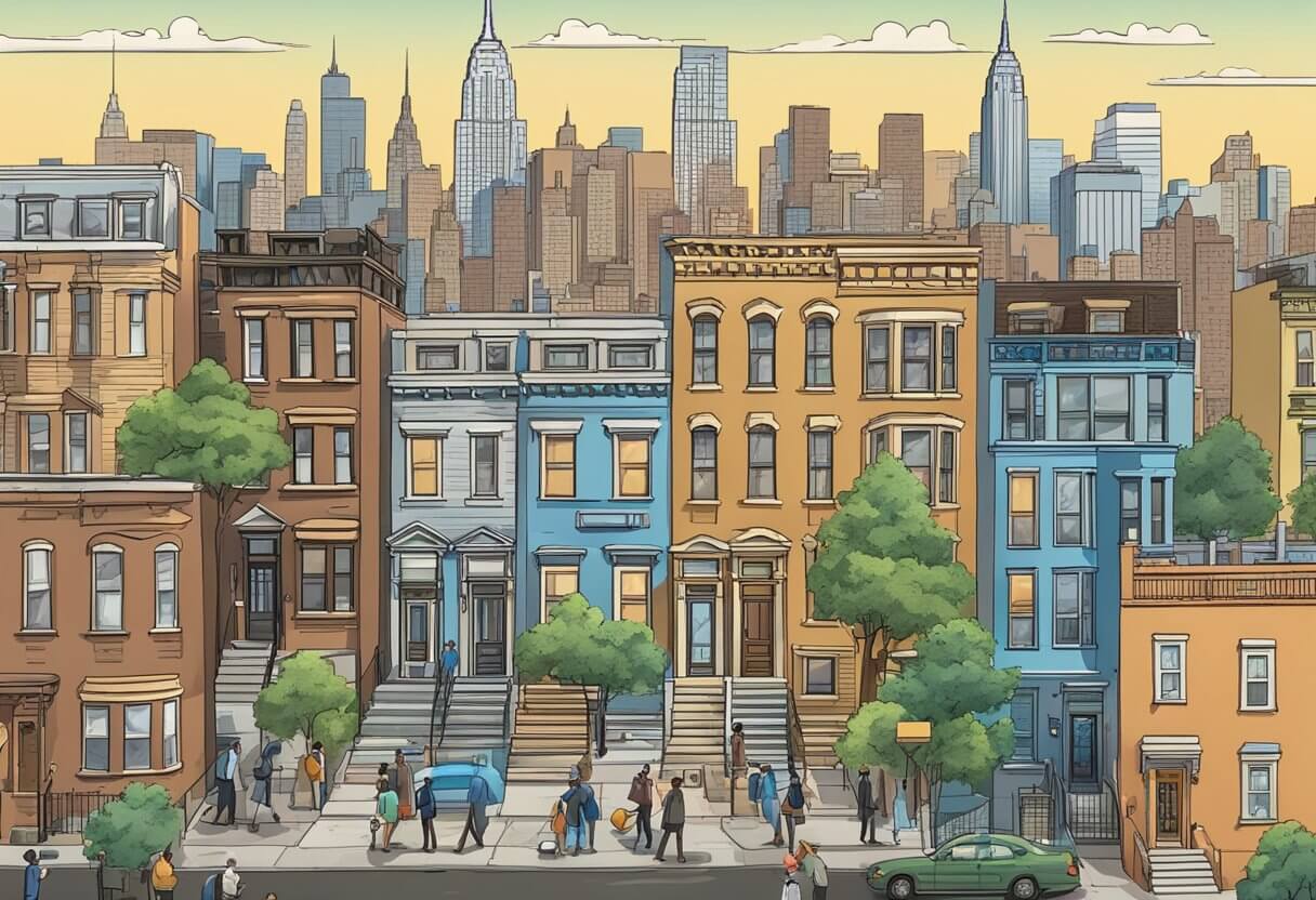 A bustling New York City skyline with iconic landmarks, a "For Sale" sign in front of a brownstone, a crowded open house with potential buyers, a successful real estate agent shaking hands with a satisfied client, and a stack of signed contracts on