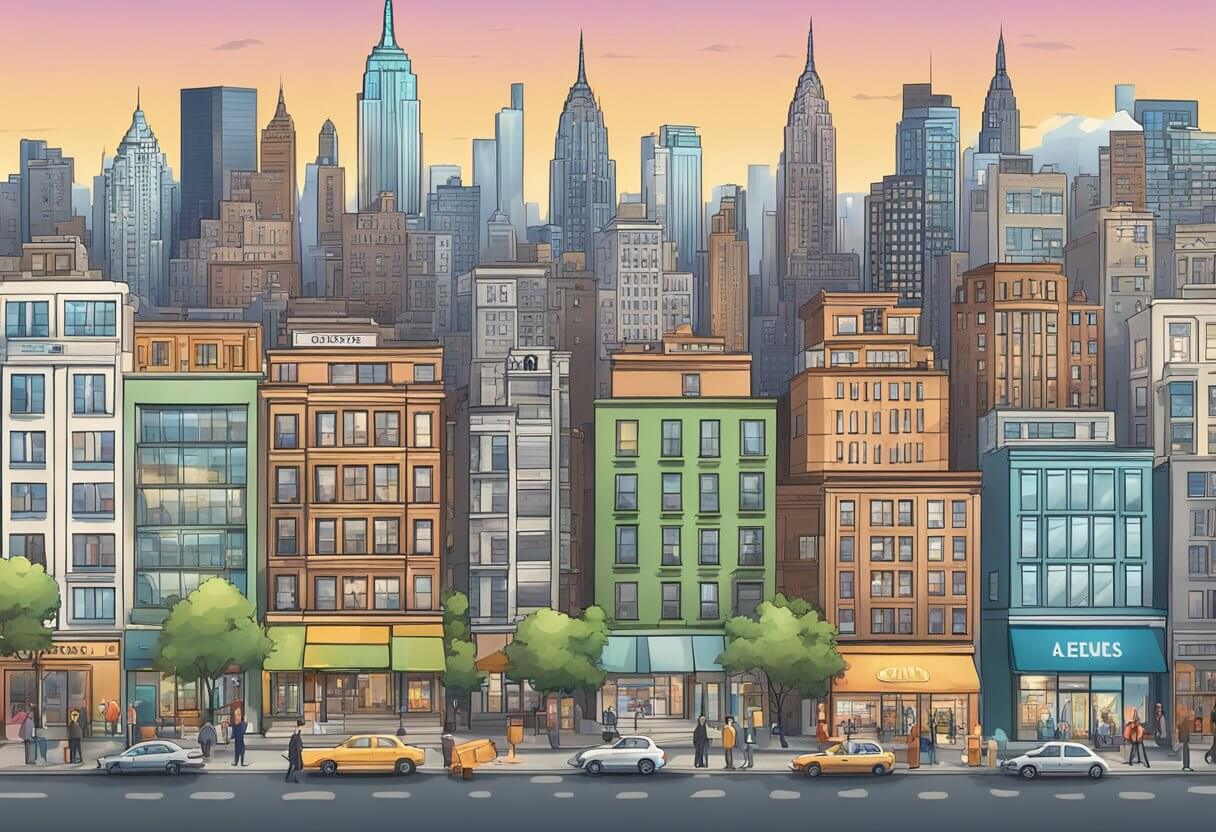 A bustling city skyline with iconic New York landmarks, a "For Sale" sign in front of a modern apartment building, a busy real estate office with agents assisting clients, and a successful real estate agent holding their license proudly