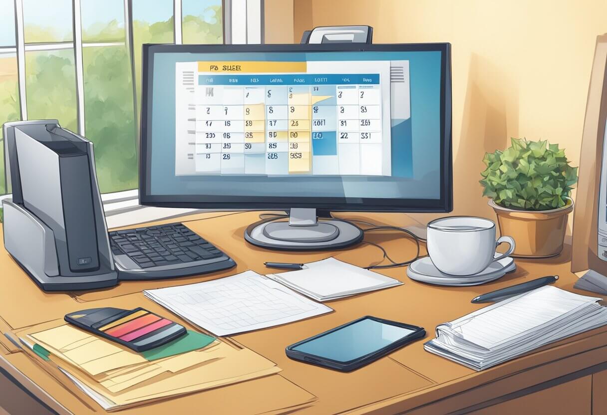 A desk with a computer, phone, and paperwork. A "For Sale" sign outside a house. A calendar with appointments