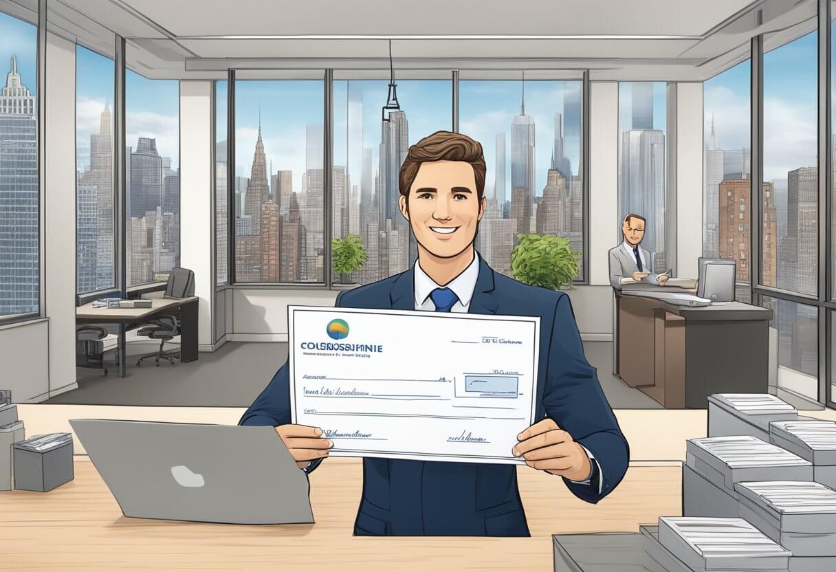 A real estate agent receives a commission check in New York, surrounded by a modern office setting and city skyline in the background