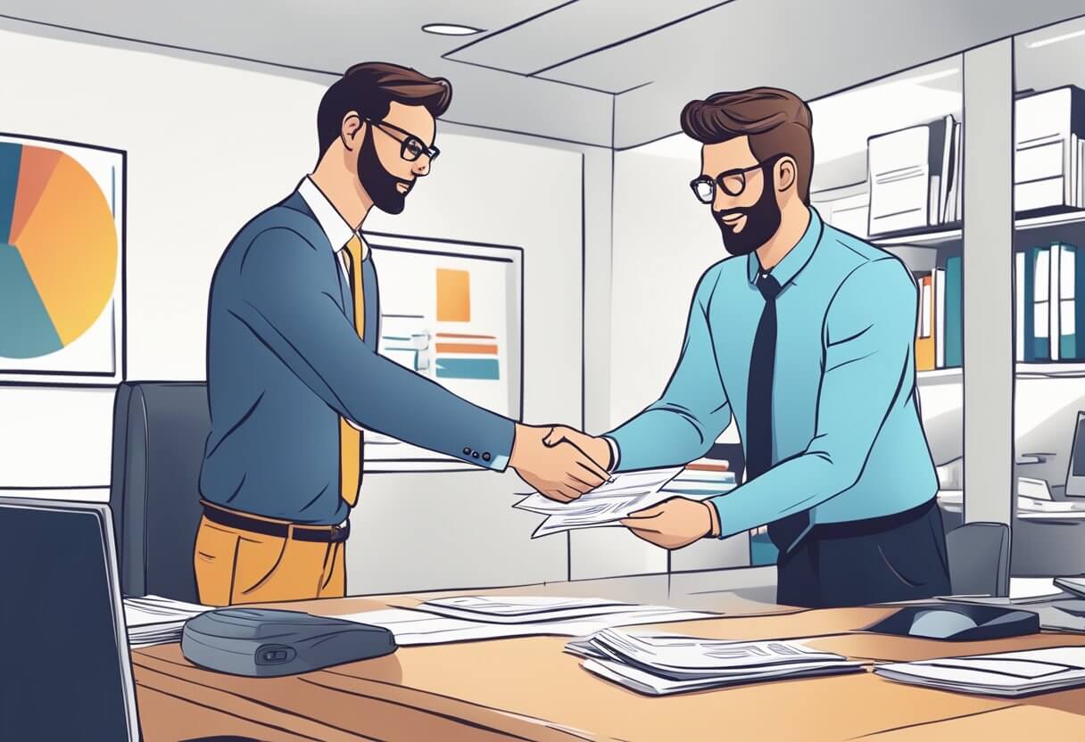 A real estate agent handing over a check to another person, symbolizing the payment of a commission. The scene is set in a modern office with paperwork and computer screens visible