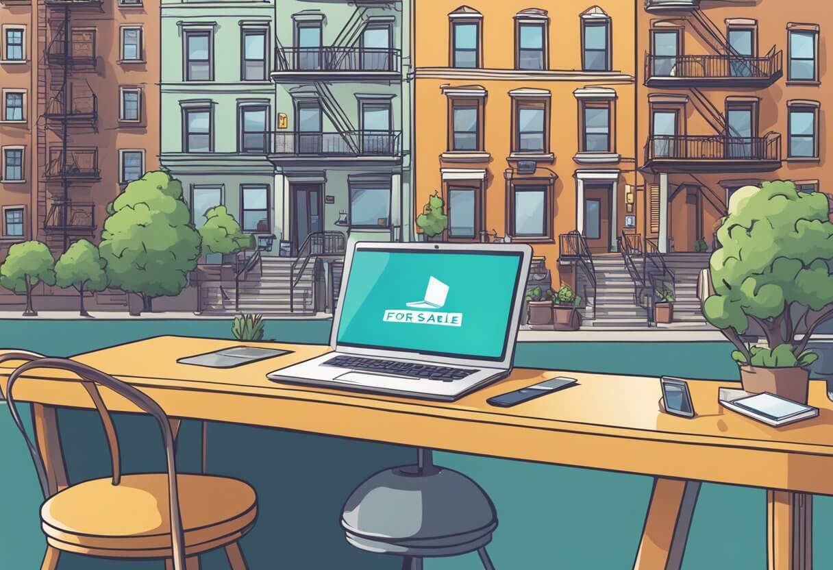 A bustling cityscape with iconic New York landmarks in the background, a laptop and phone on a desk, and a "For Sale" sign in front of a modern apartment building