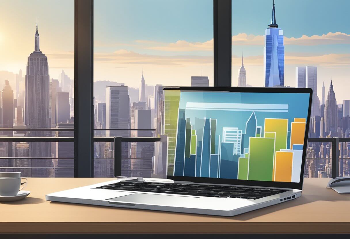 A laptop with a real estate license displayed on the screen, surrounded by a virtual training program and New York City skyline in the background