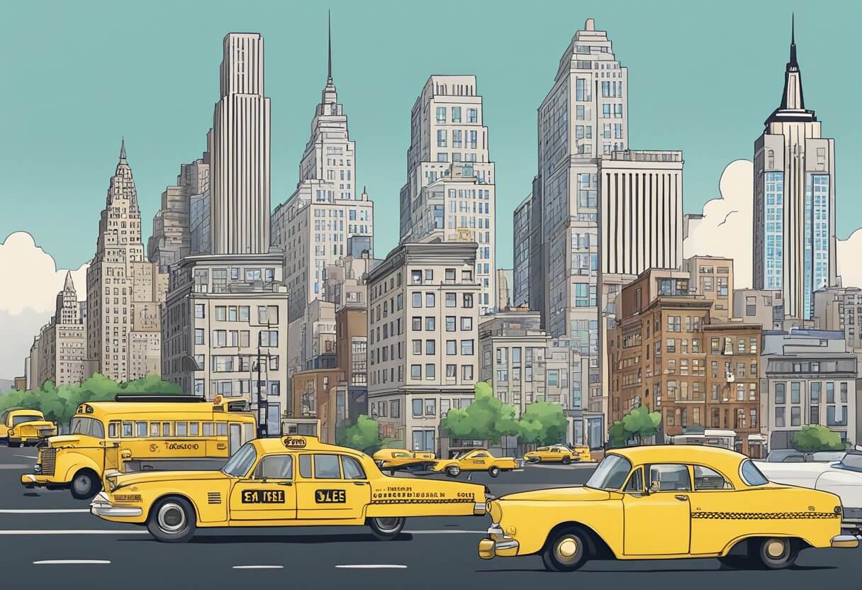 A city skyline with iconic New York landmarks, a bustling street with yellow taxis, and a real estate office with a "For Sale" sign