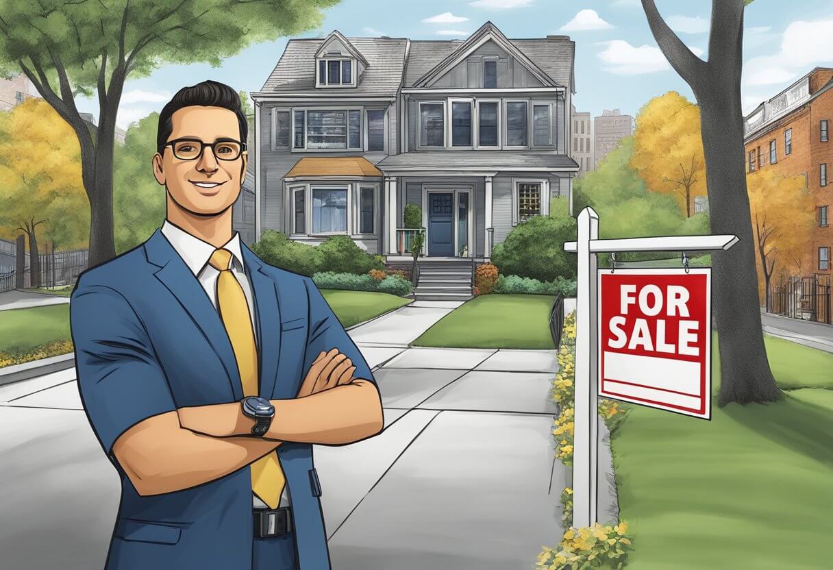 A real estate agent in New York represents themselves in a professional setting, with a For Sale sign and a contract in hand