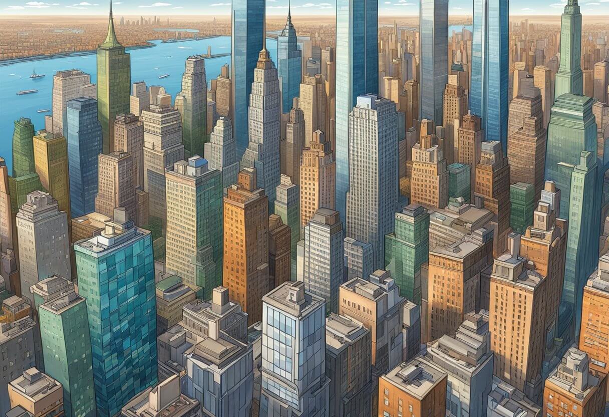 A bustling New York City skyline with luxury high-rise buildings, a busy financial district, and a thriving real estate market