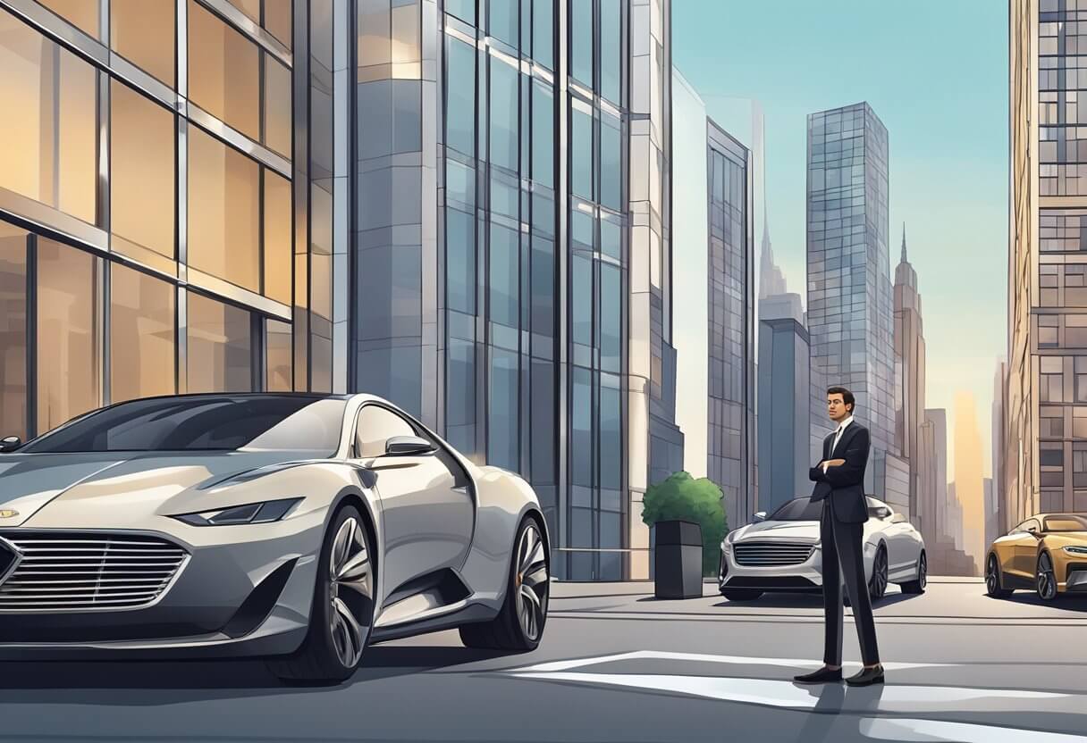 A luxury real estate agent in New York, standing in front of a sleek, modern skyscraper, with a line of luxury cars parked out front and a bustling cityscape in the background