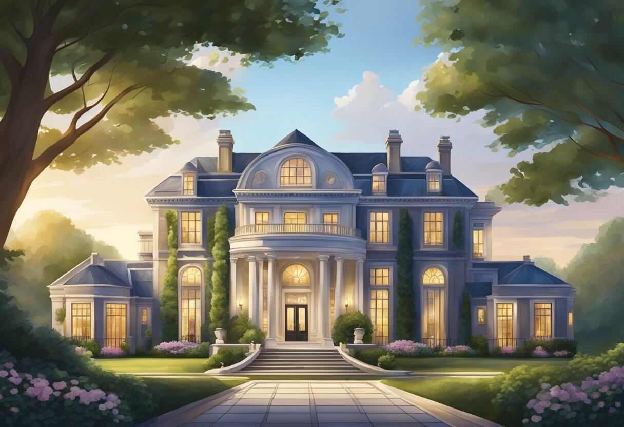 A luxurious mansion with a grand entrance, lush landscaping, and a stunning view of the New York skyline