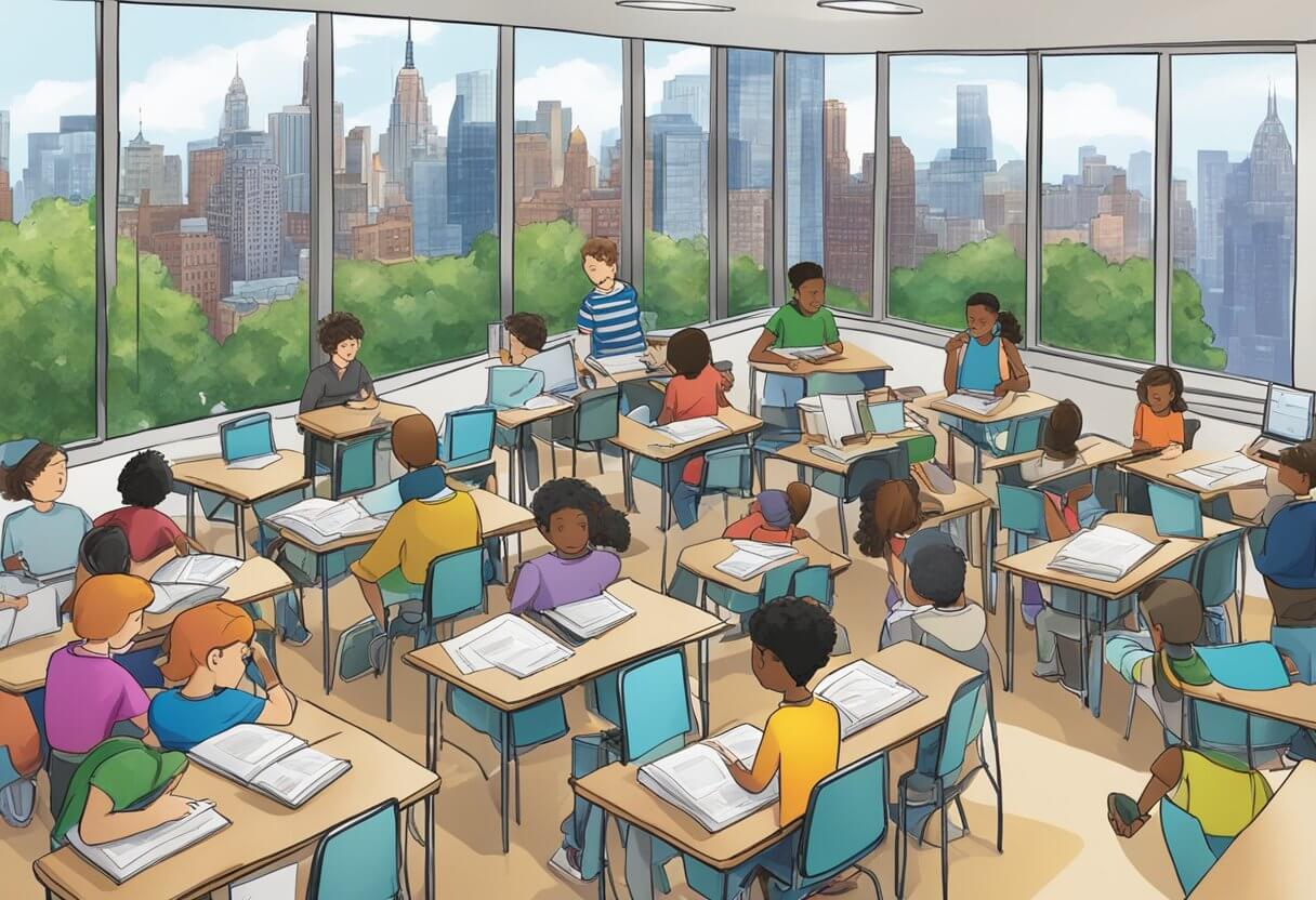 A bustling classroom with eager students, a prominent "Affordable Real Estate Classes" sign, and a New York skyline backdrop