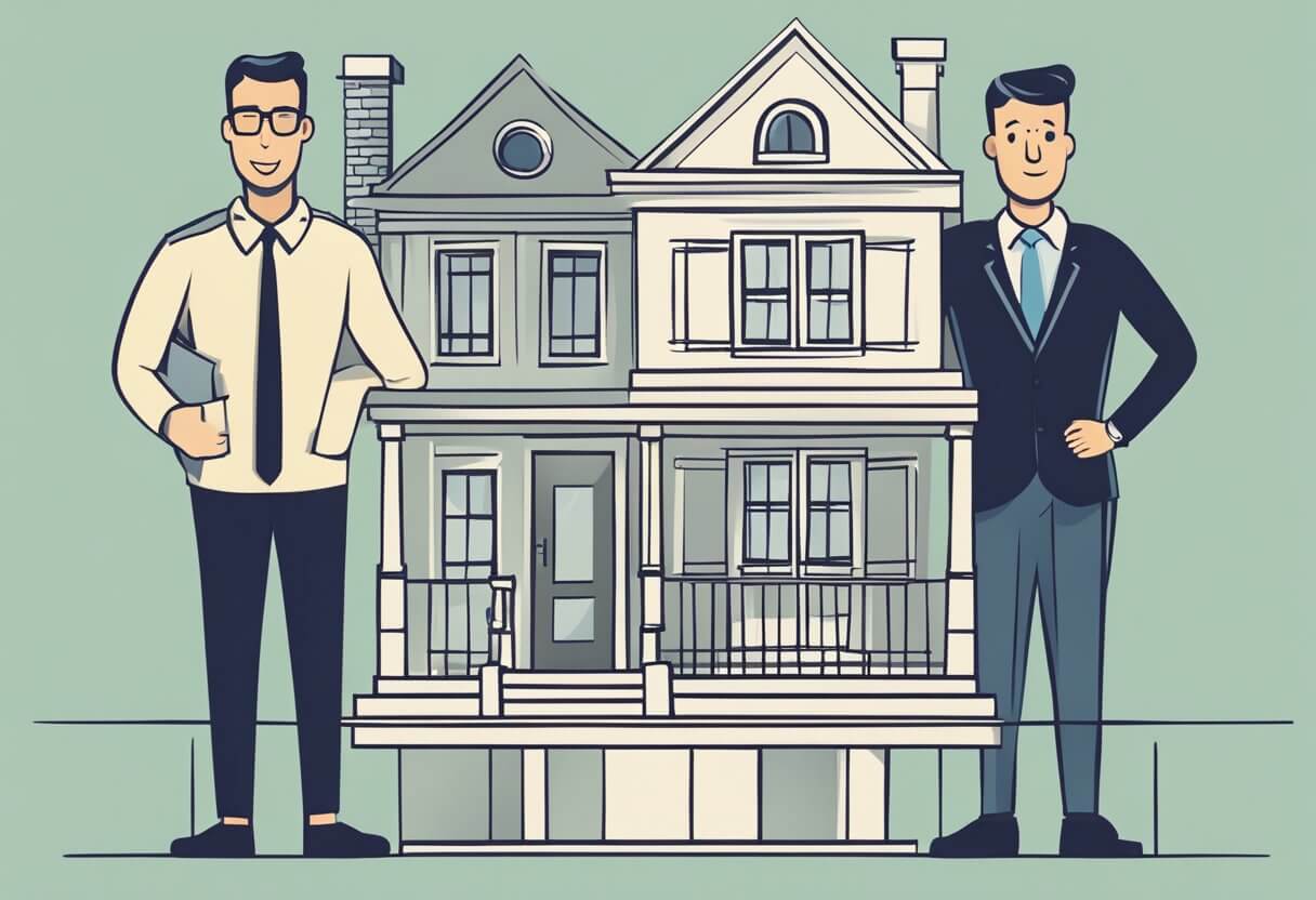 A realtor and a real estate agent stand on opposite sides of a scale, each holding a house symbolizing their respective roles. The realtor's side is weighted down with additional responsibilities and qualifications, while the real estate agent's side remains lighter