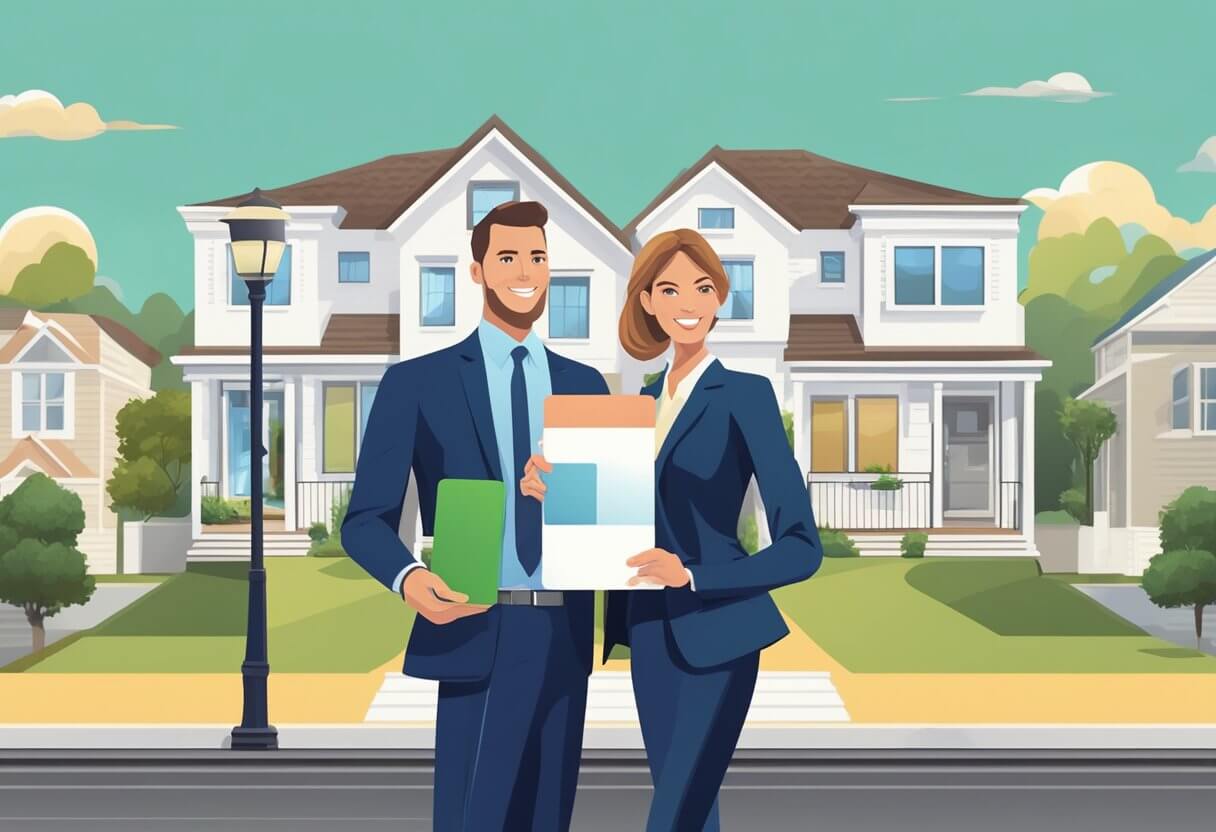 A realtor and a real estate agent stand on opposite sides of a signboard, each holding their respective business cards, with a house in the background