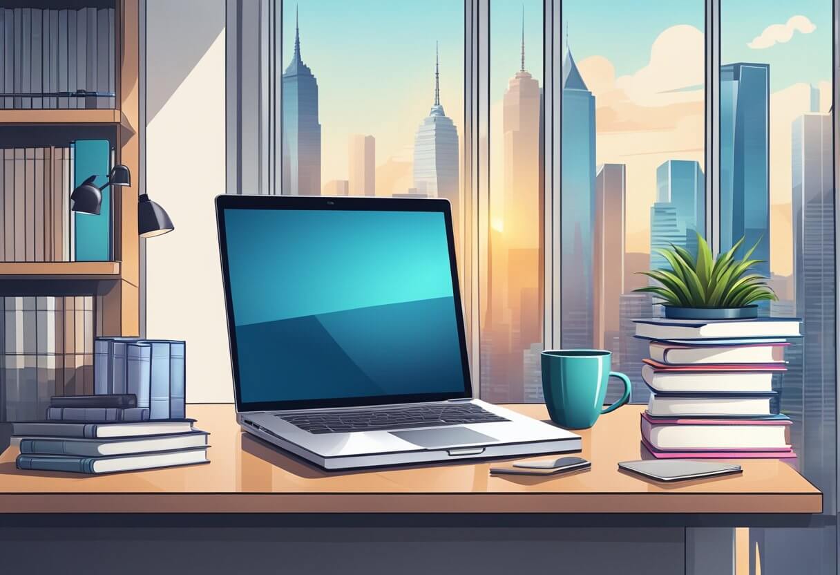 A bright, modern office with a skyline view. A stack of real estate books and a laptop on a sleek desk. A confident, professional atmosphere