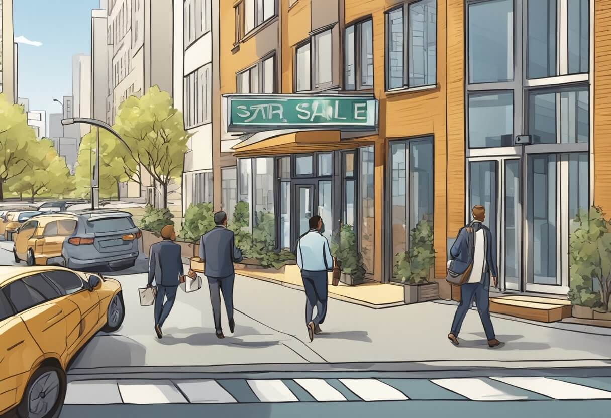 A bustling New York City street with skyscrapers and a "For Sale" sign outside a modern apartment building. A real estate agent greets potential clients with a warm smile