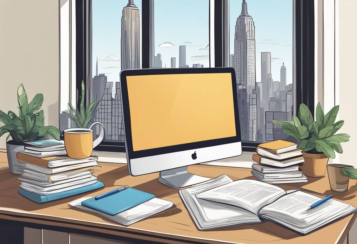 A desk with study materials, a computer, and a cup of coffee. A New York skyline poster on the wall. A stack of real estate exam prep books