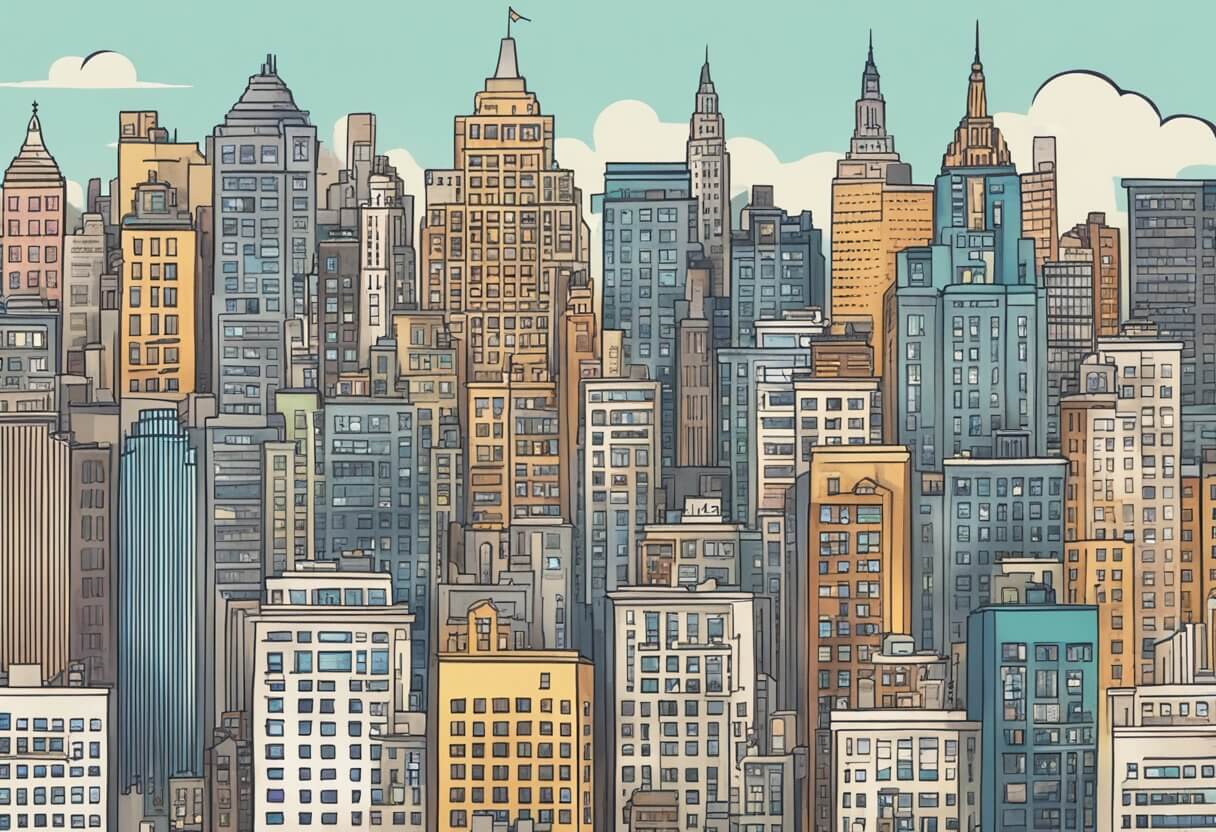 A bustling New York City skyline with iconic buildings and bustling streets, representing the thriving real estate market in the city