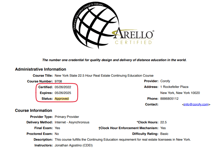 ARELLO certification, New York real estate education.