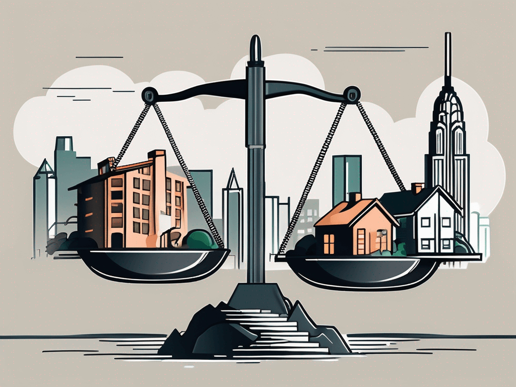 A balanced scale with a house on one side and a pile of coins on the other