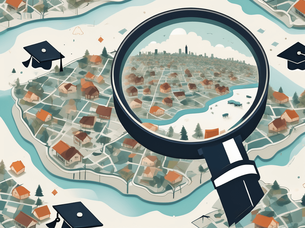 A magnifying glass hovering over a stylized map of michigan with small icons of houses and graduation caps scattered across it