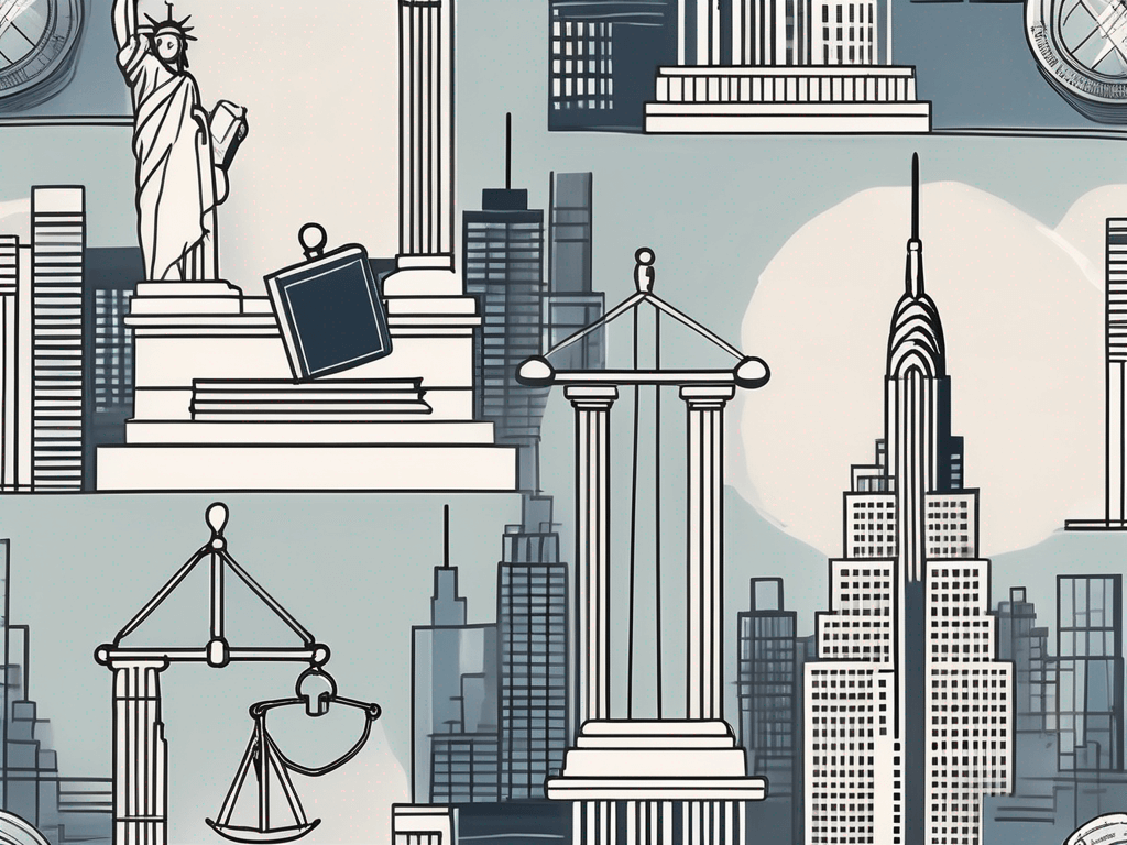 The new york skyline with various symbols of law such as a gavel