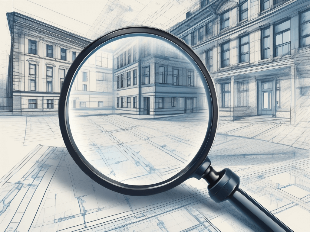A magnifying glass hovering over a detailed blueprint of a new york-style building