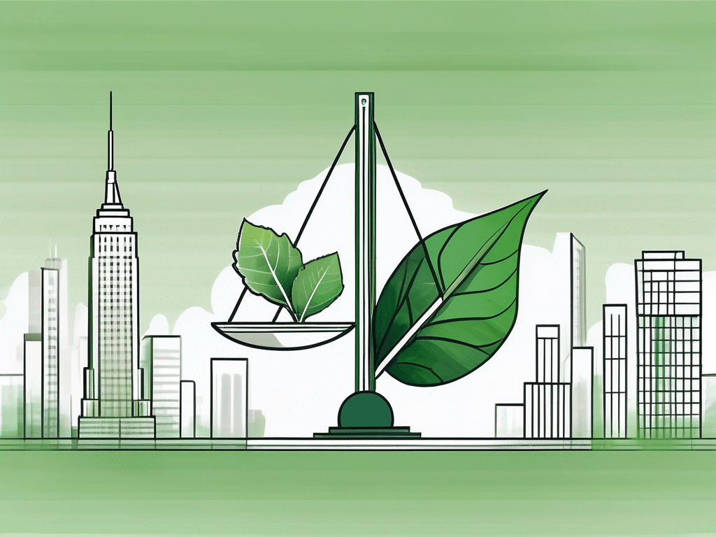 A balanced scale with a model of a new york skyscraper on one side and a green leaf on the other