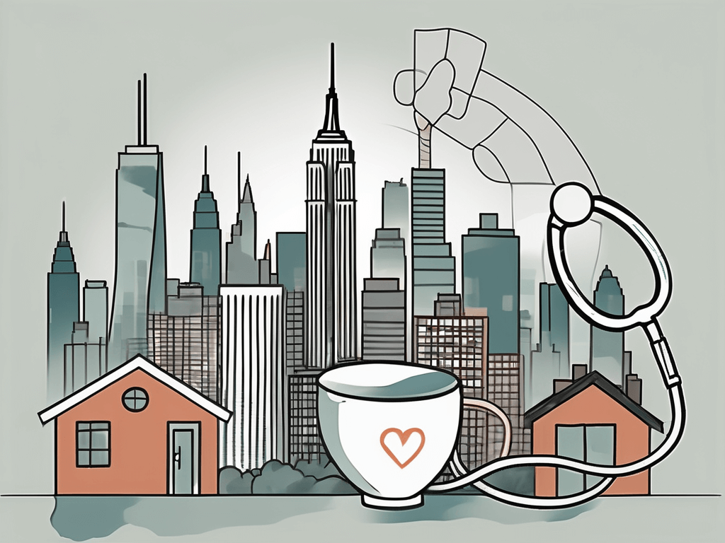 The new york skyline with symbolic elements like a stethoscope