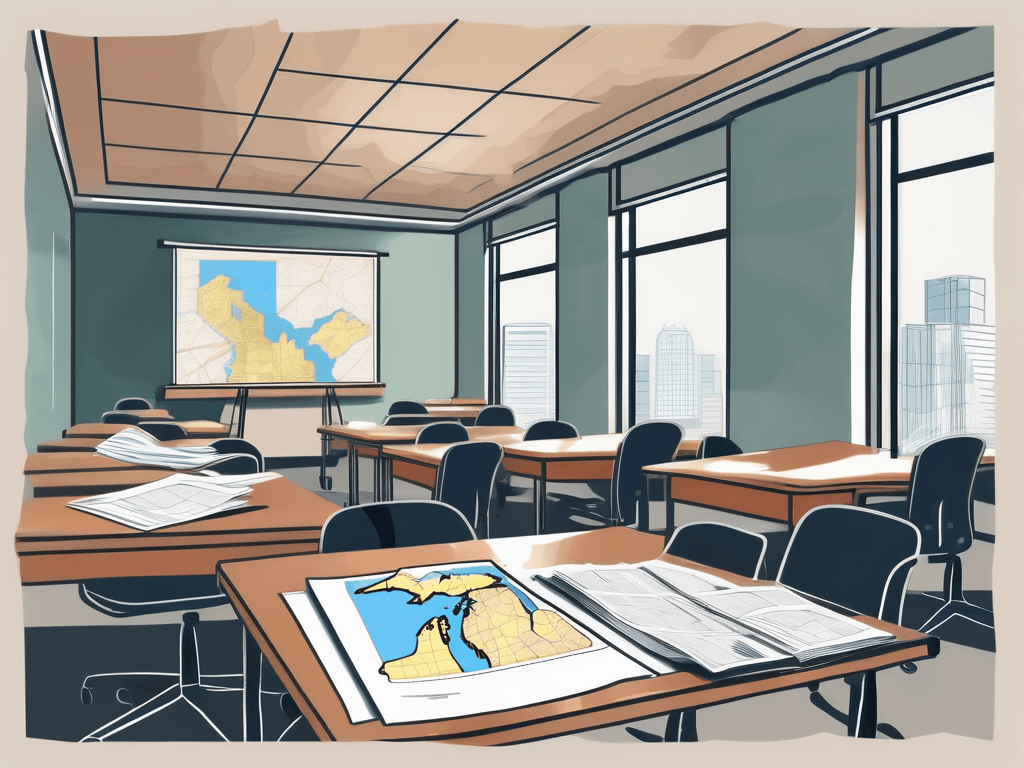 A real estate classroom setting with a michigan map in the background