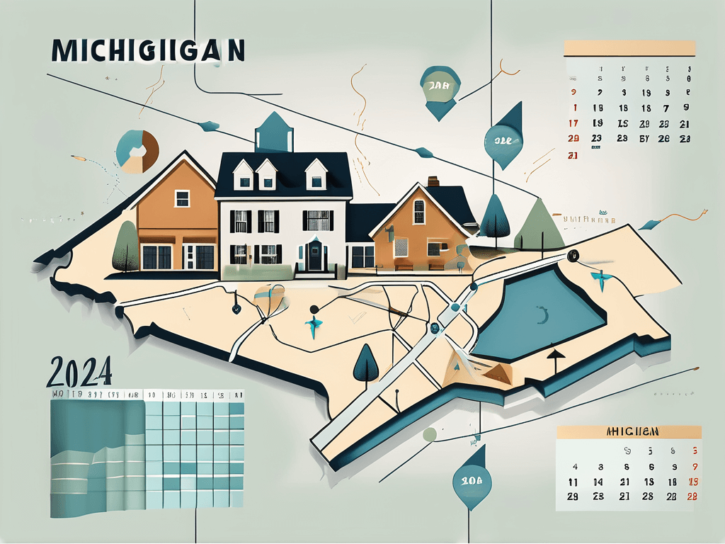 A michigan map with symbolic icons of houses and real estate items