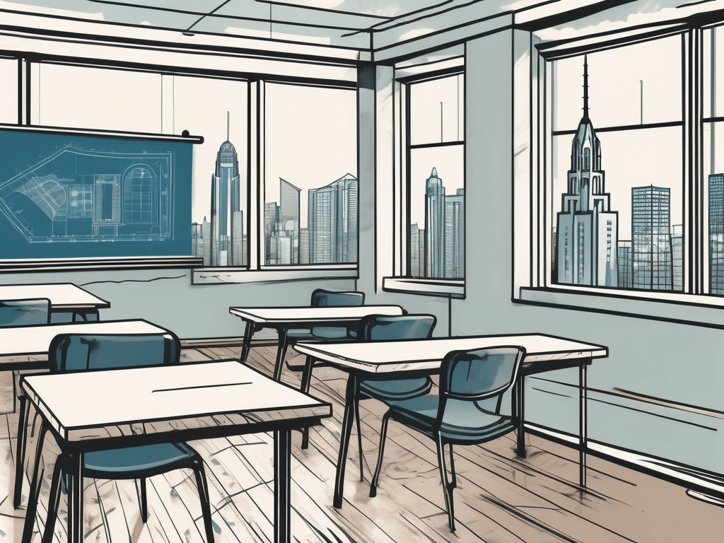 A classroom setting with real estate tools like blueprints