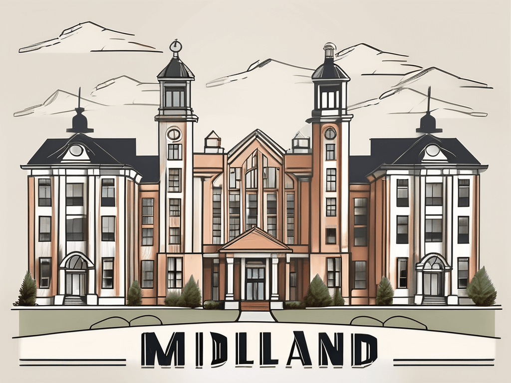 Several iconic midland county buildings surrounded by real estate signboards and graduation caps