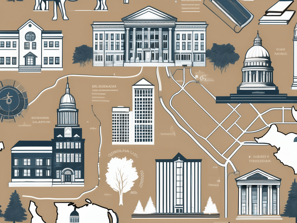 A detailed michigan map highlighting several iconic buildings representing real estate schools