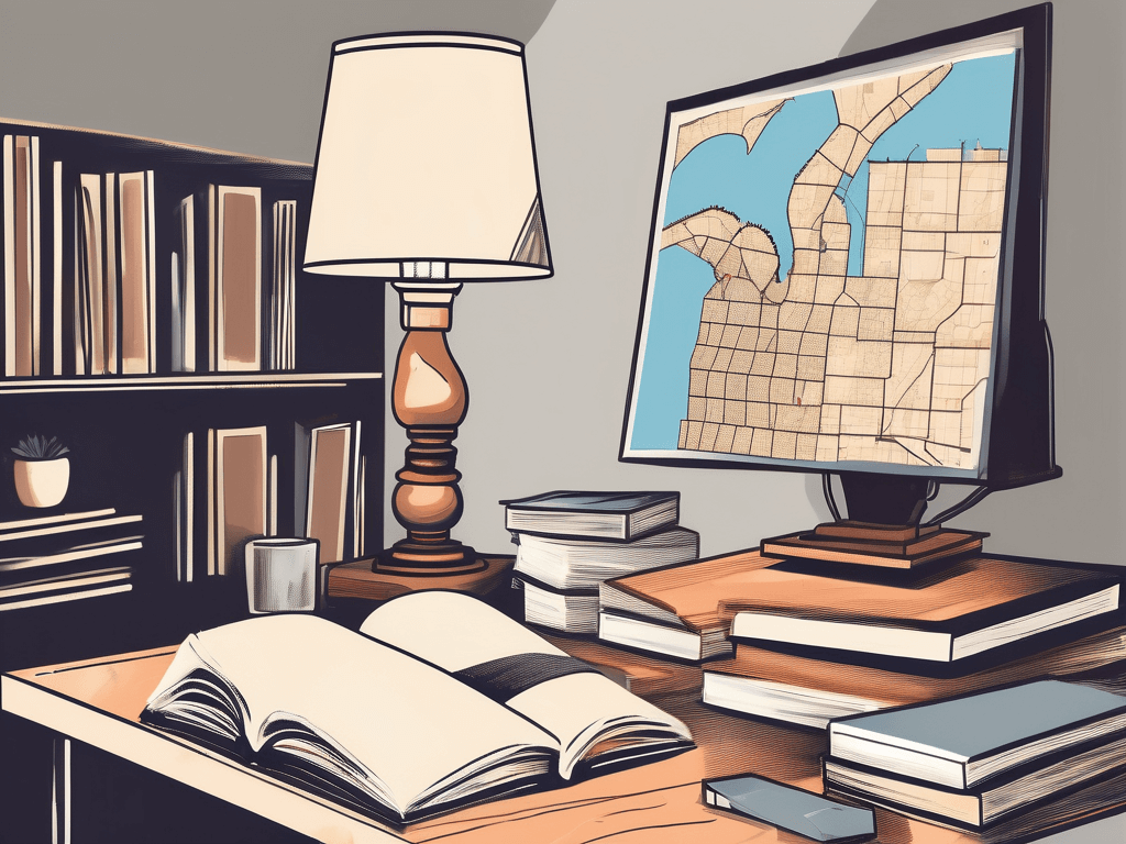 A desk with a michigan map