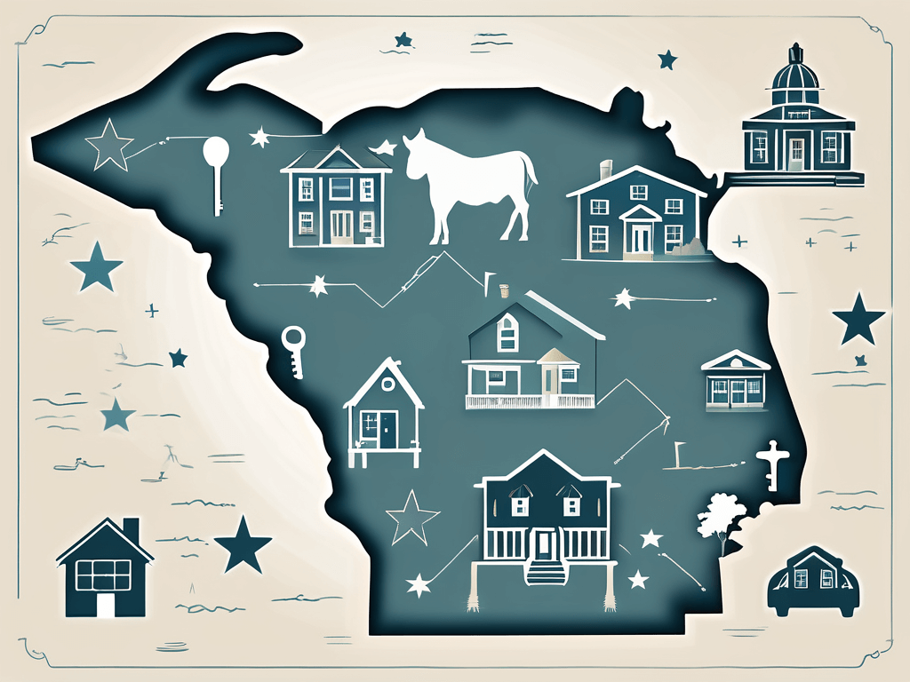 A michigan map with symbolic real estate icons like houses