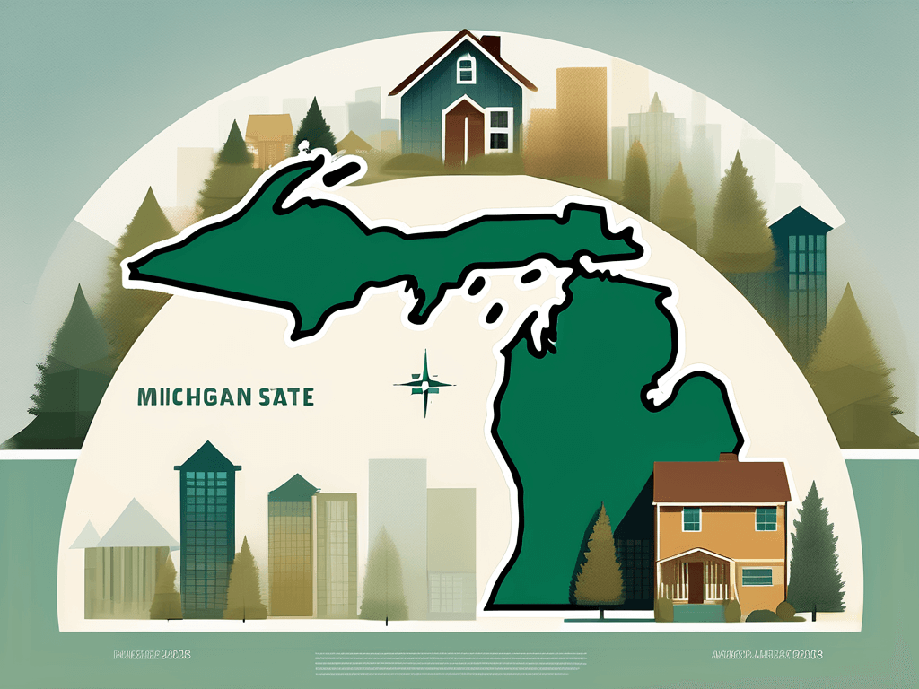 A stylized michigan state map with symbolic houses scattered around