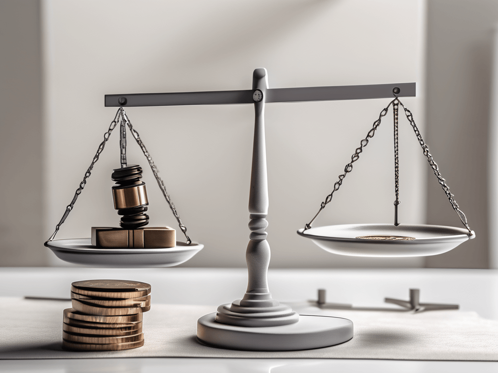 A balanced scale sitting on a table with a house model on one side and a compass on the other