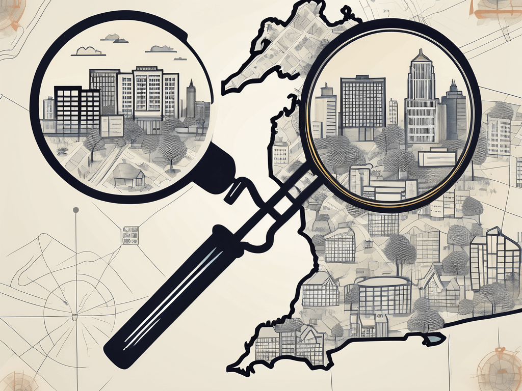 A magnifying glass hovering over a stylized map of michigan