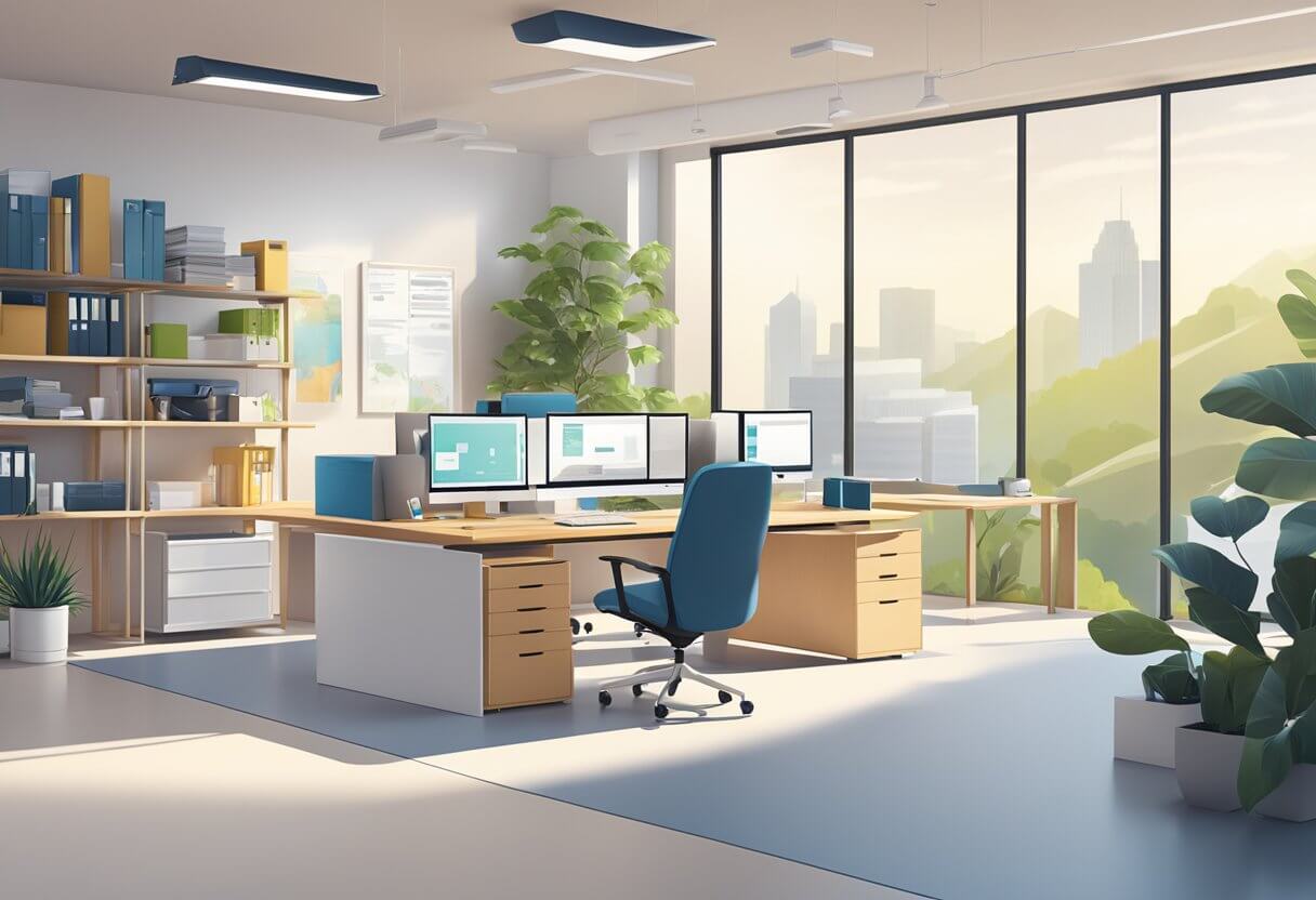 A modern office setting with a computer, desk, and CE Shop logo on the wall. Bright, natural lighting and a clean, organized space
